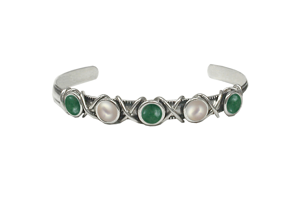 Sterling Silver Cuff Bracelet With Jade And Cultured Freshwater Pearl